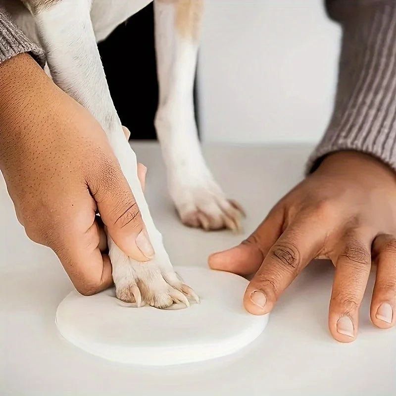 Hands pressing a white clay paw print into a flat white surface for a DIY pet memory keepsake.