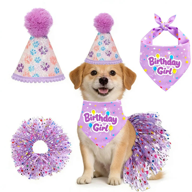 Pet Birthday Party Accessory Set with Bandana, Tutu Skirt & Hat