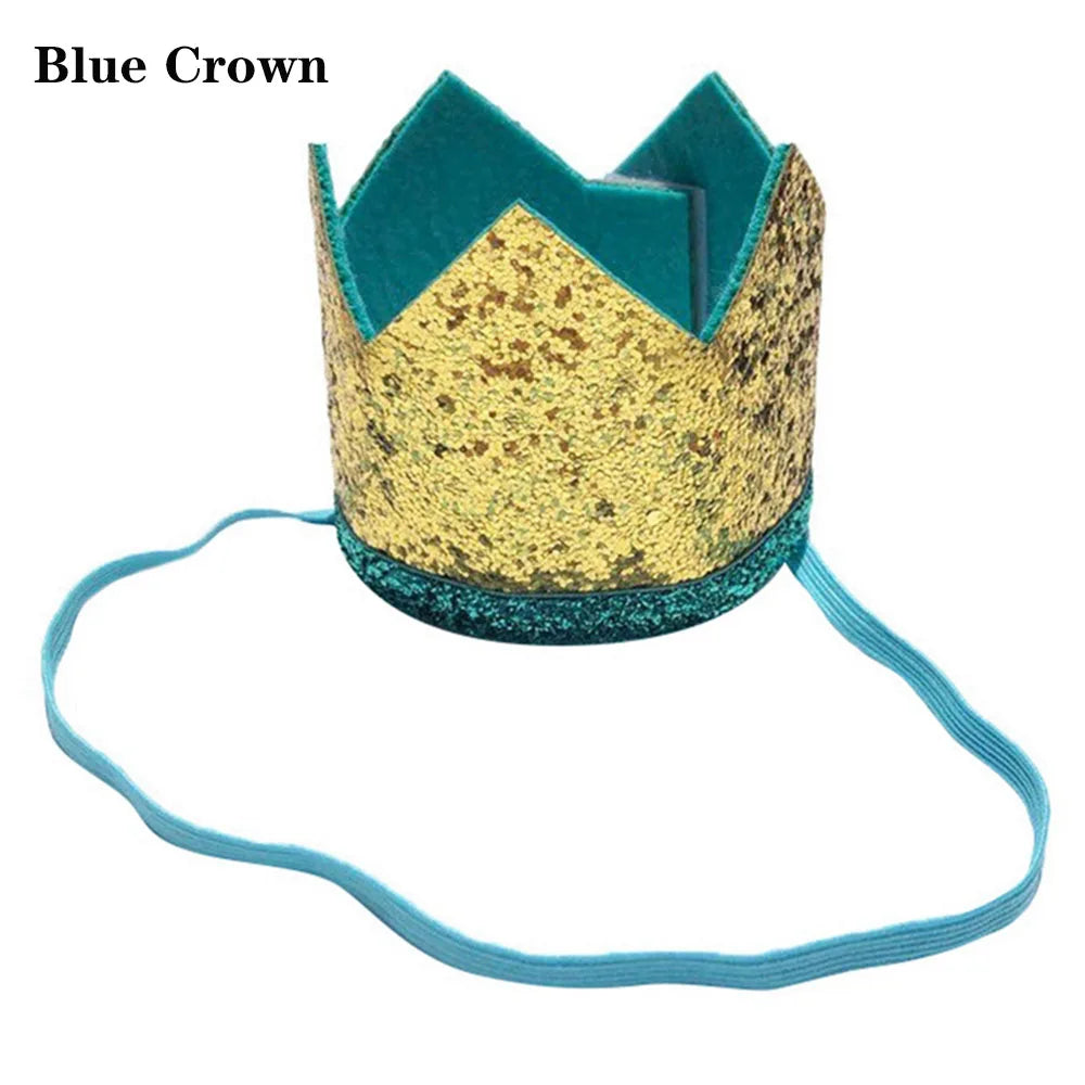 Blue crown pet party headwear featuring gold sequins and teal accents for dogs or cats