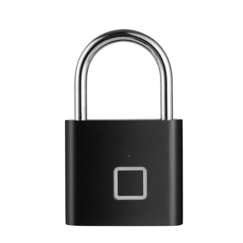 A black biometric fingerprint padlock with a silver shackle and square sensor.