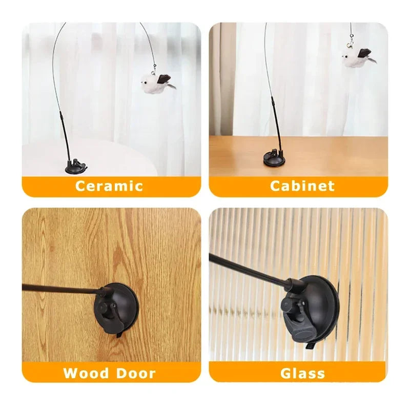 Interactive feather wand cat toy shown in ceramic, cabinet, wood door, and glass contexts.