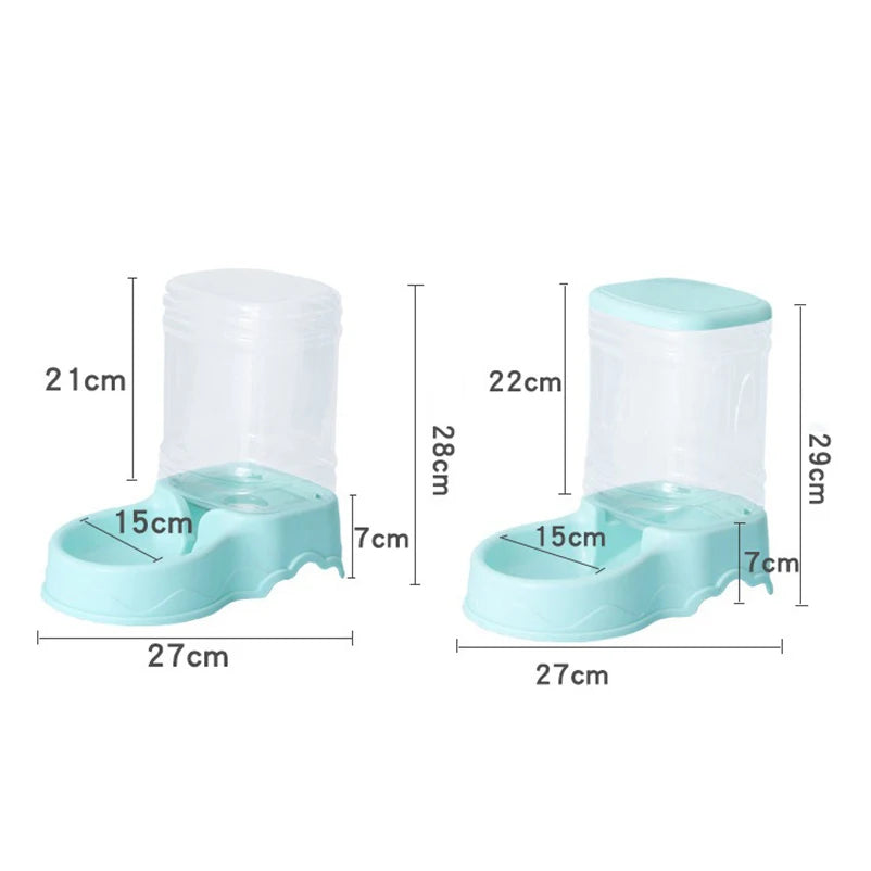 A light blue automatic pet feeder with an integrated water bowl shown from the side.
