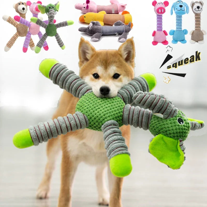 Ein flauschiger Hund spielt mit einem grünen und grauen quietschenden Spielzeug für Hunde.