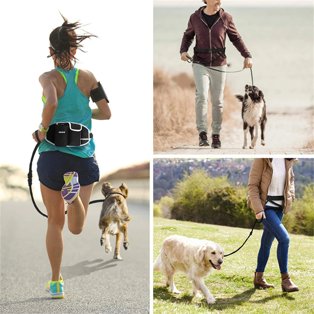 A woman is jogging while wearing a hands-free dog walking belt with a treat pouch and bungee leash, accompanied by a dog.