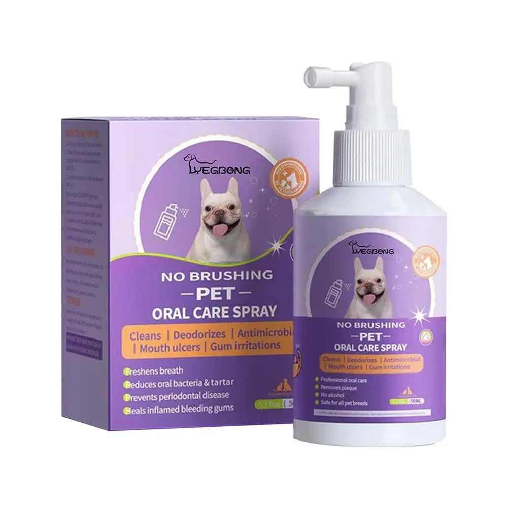 A bottle of Livegong No Brushing Pet Oral Care Spray for dogs and cats with a white pump dispenser.