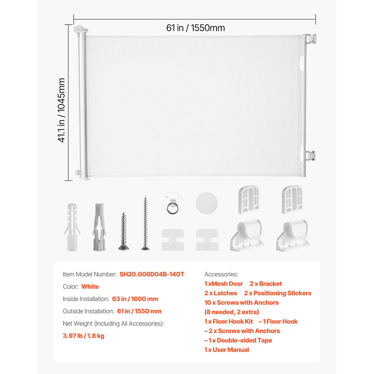 White retractable mesh safety gate measuring 61 in or 1550mm with various installation accessories
