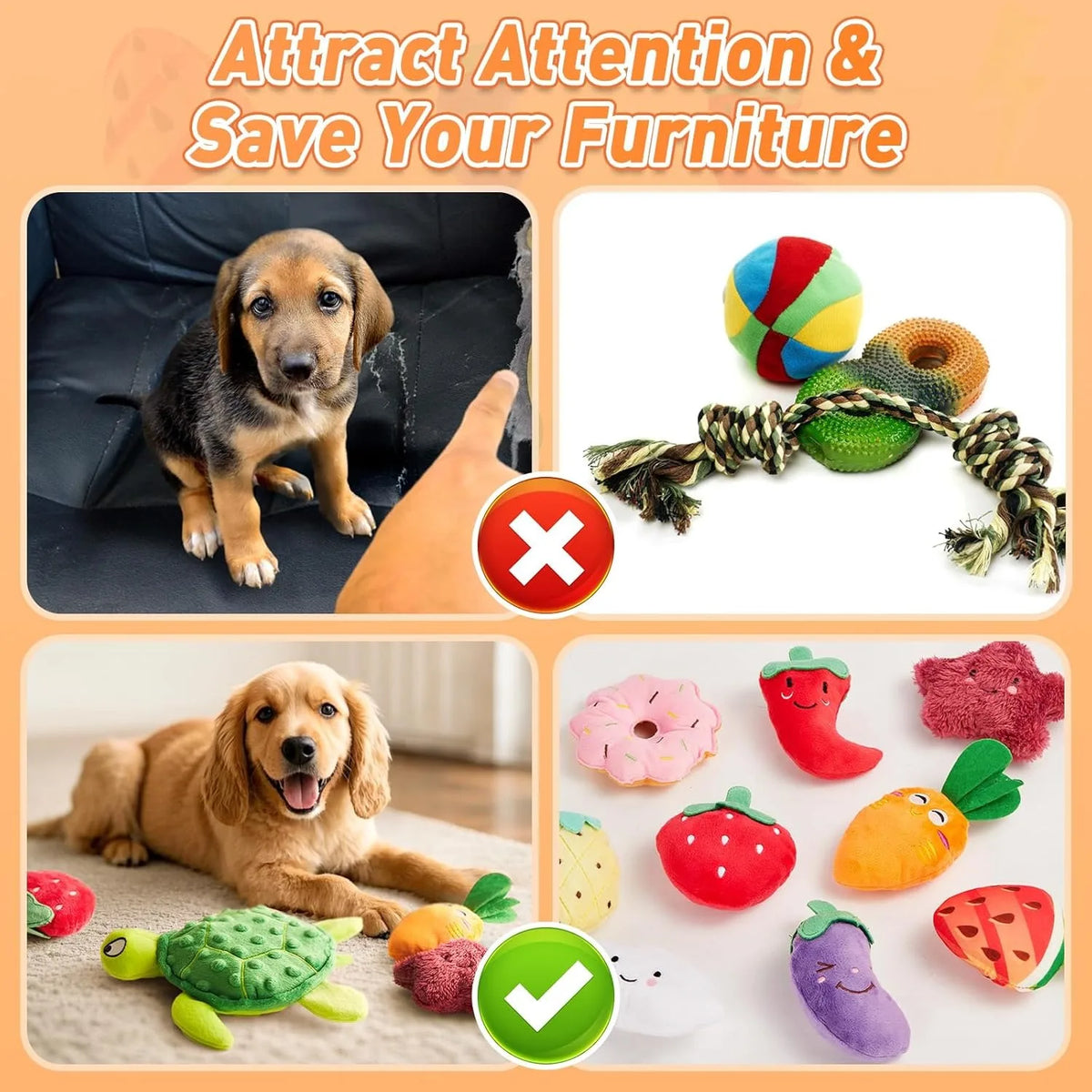 A variety of 20 plush squeaky dog toys shaped like fruit and animals for small and medium dogs.