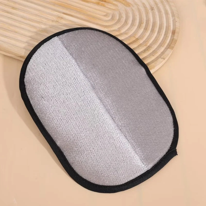 A pair of double-sided pet grooming gloves with static-free hair removal, showing a gray and white textured surface.