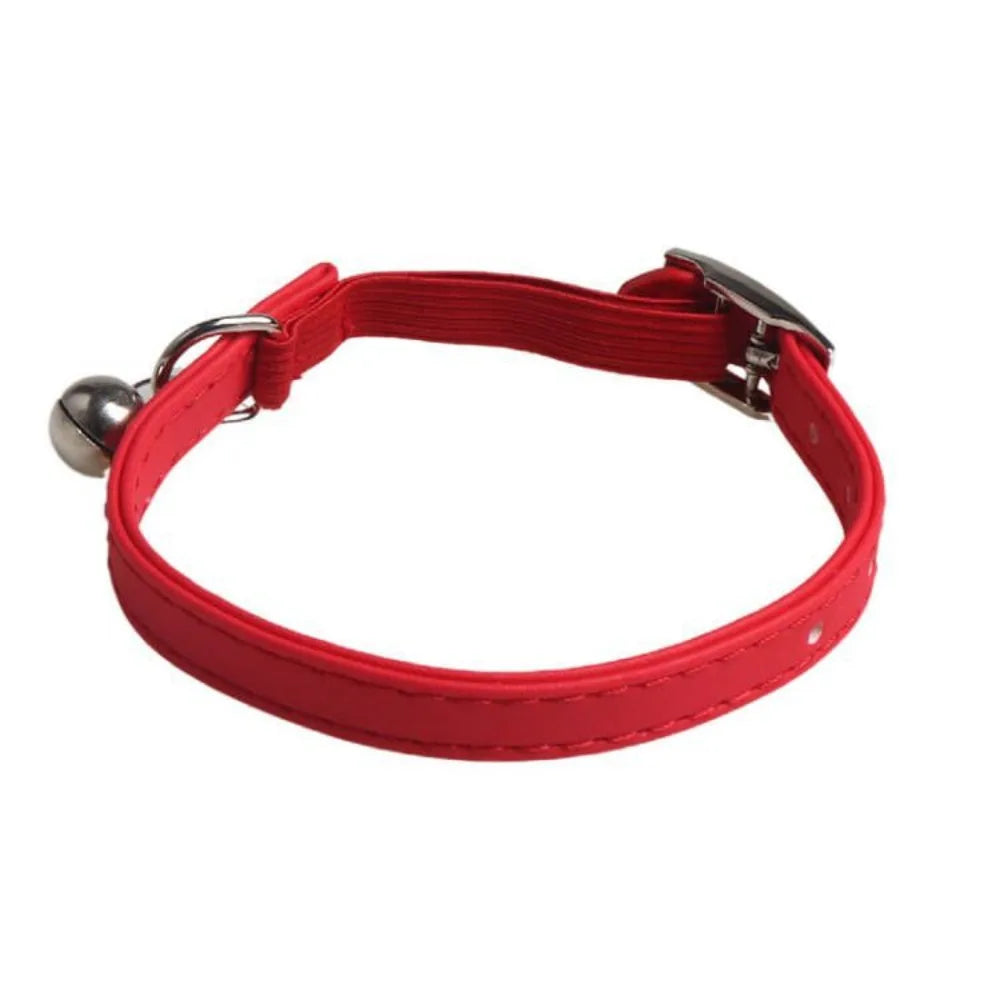 Red adjustable cat collar with a silver bell made of soft PU leather and elastic webbing