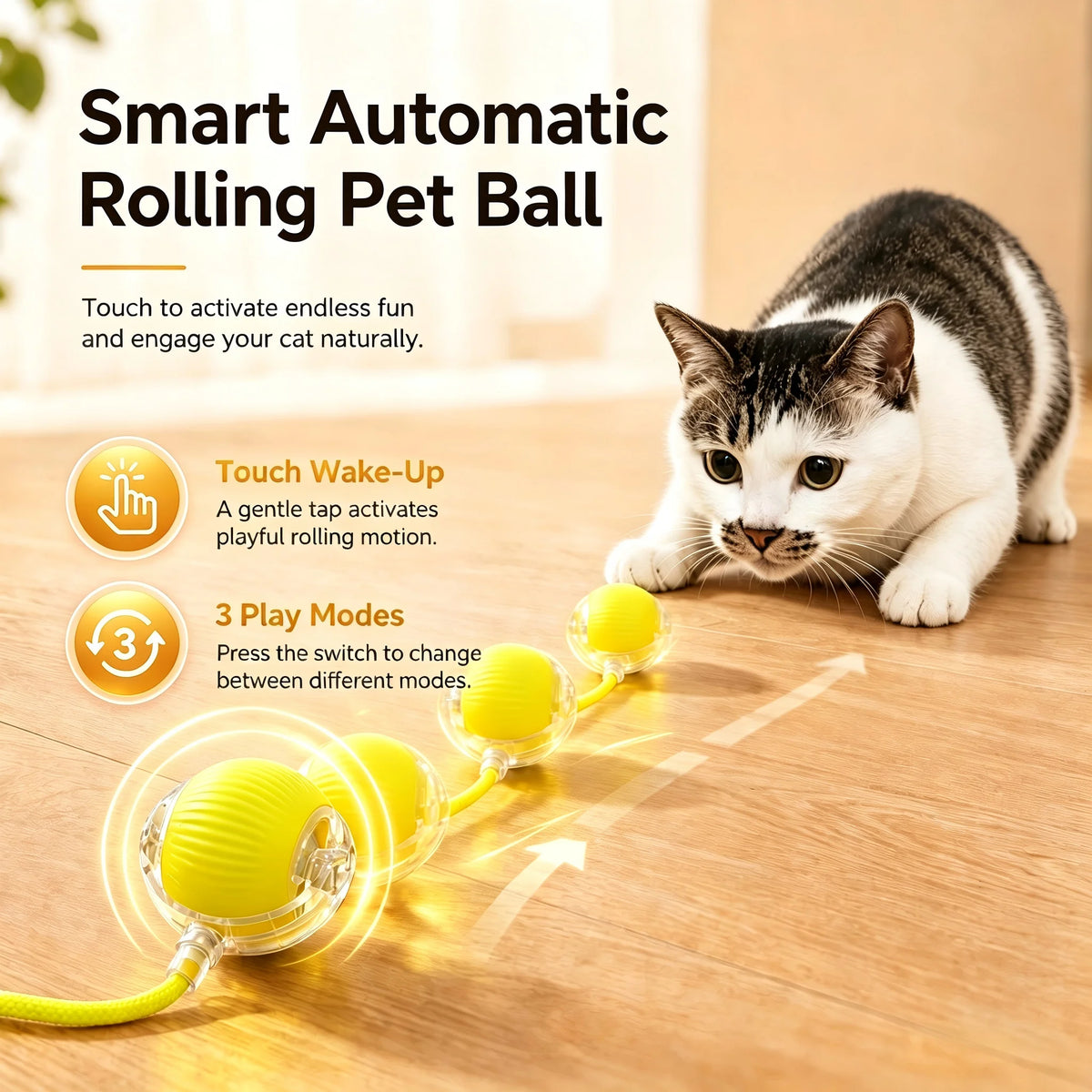 A smart automatic rolling pet ball toy with yellow and white components is shown on a wooden surface.
