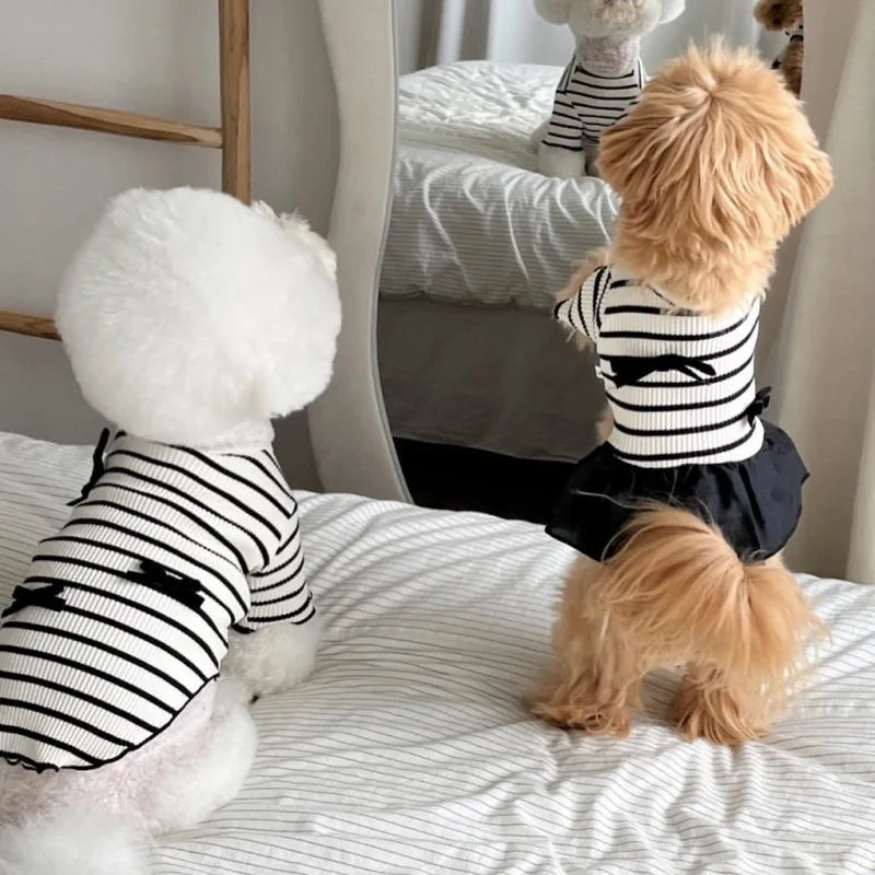 Striped Bow Accent Dog Dress with Flutter Sleeves for Small Breeds