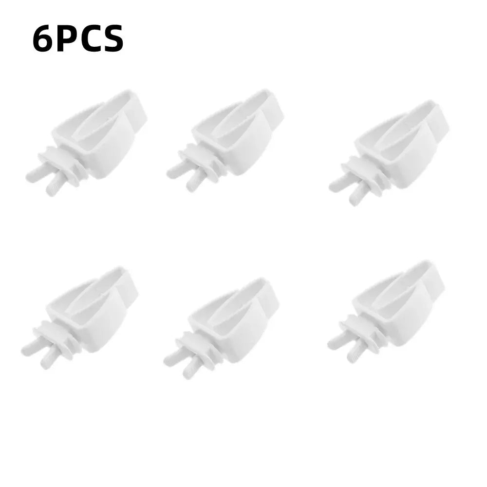 Six white plastic bird food holder clips for parrots and small birds