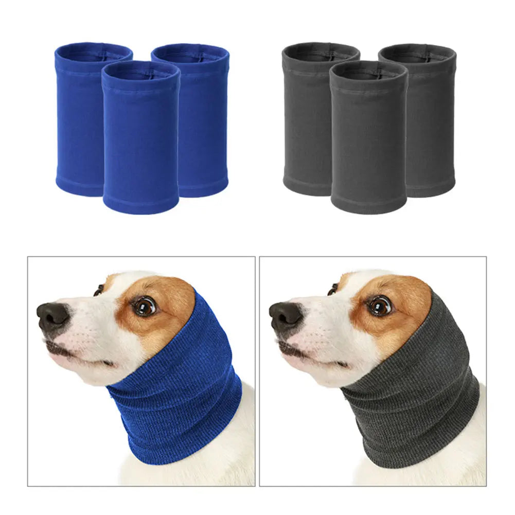 Set of blue and gray pet anxiety relief dog ear and neck muffs for dogs