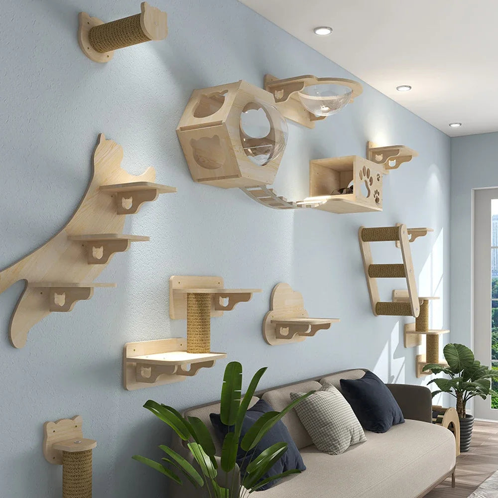 Wall-mounted wooden cat tree and hammock featuring natural wood tones on a light blue wall.