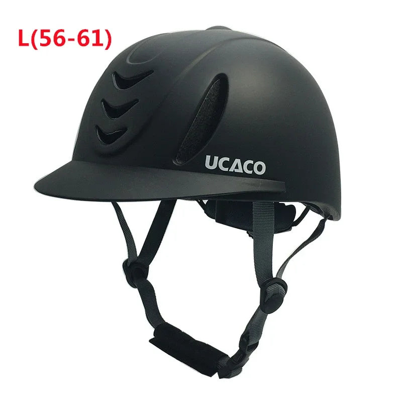 Black UCAC0 equestrian helmet with adjustable fit and head straps