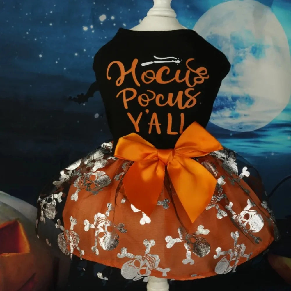 Spooky Pet Princess Costume with Skull Print and Tulle Skirt