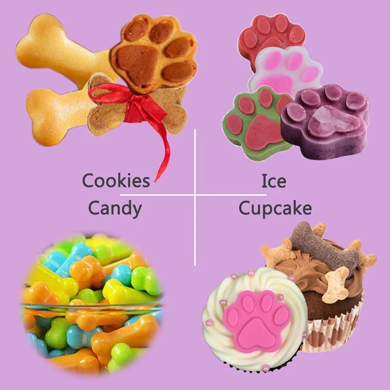 A set of silicone molds shaped like dog paws and bones for baking treats, including cookies, candy, and ice cupcake decoratio
