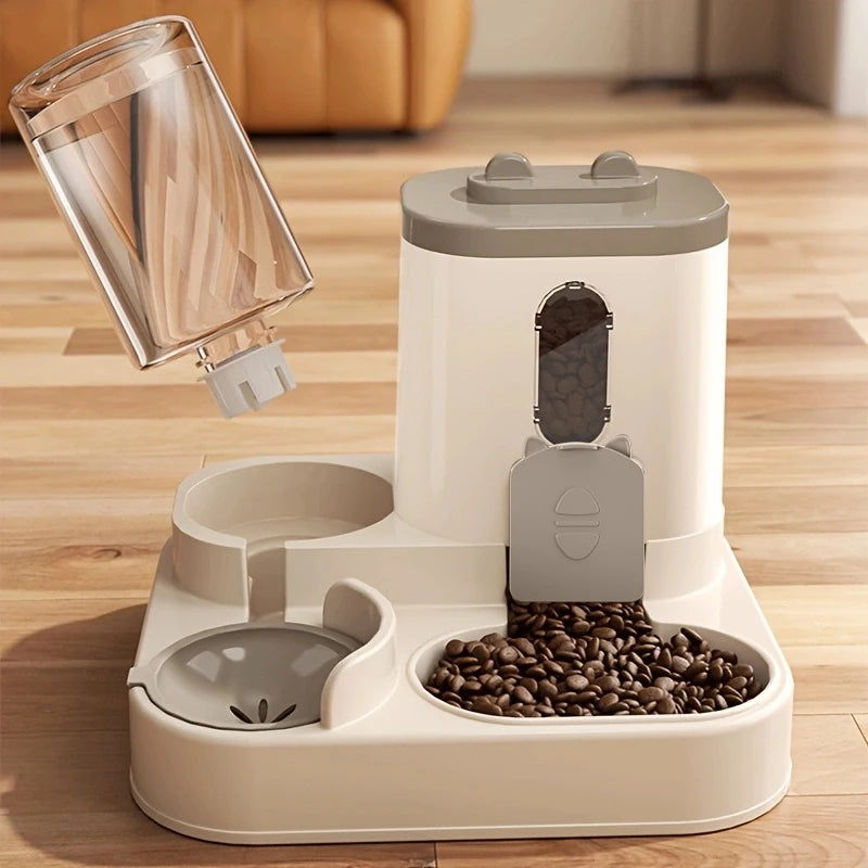 A white gravity-fed pet feeder and water dispenser combo with a transparent feeding tube and a compartment for coffee beans.