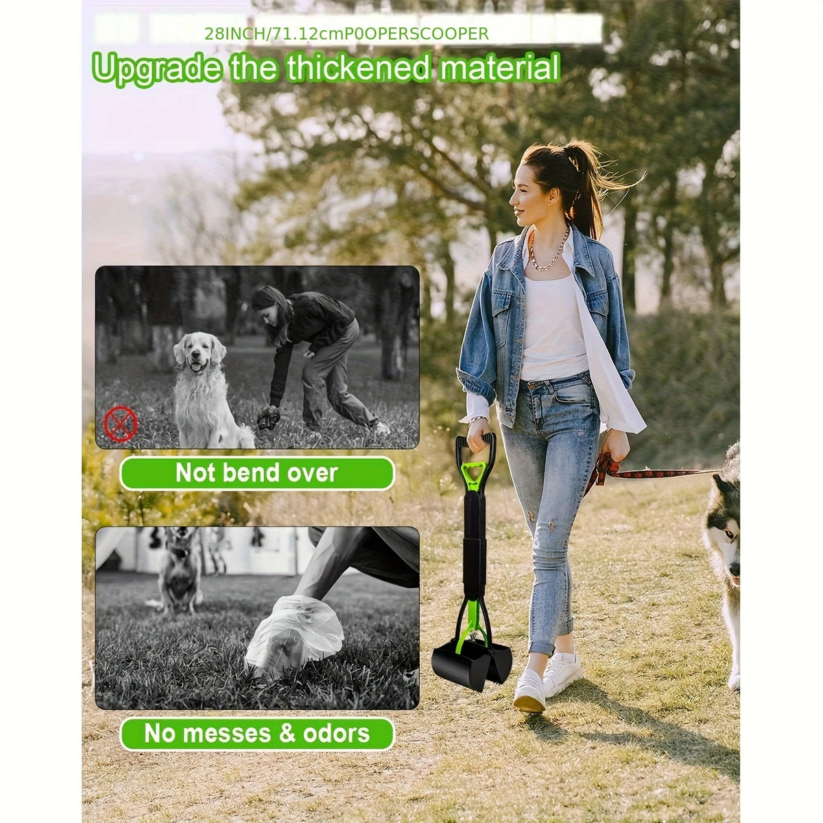 A woman is using a foldable pet poop scooper outdoors on grass, demonstrating its use for easy cleanup.
