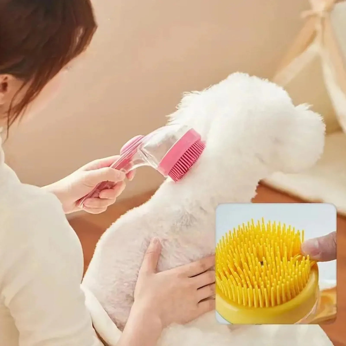 Pet Bath Brush with Shampoo Dispenser and Soft Silicone Bristles