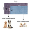 A rectangular pet bath towel in purple and blue colors shown next to various sized animals.