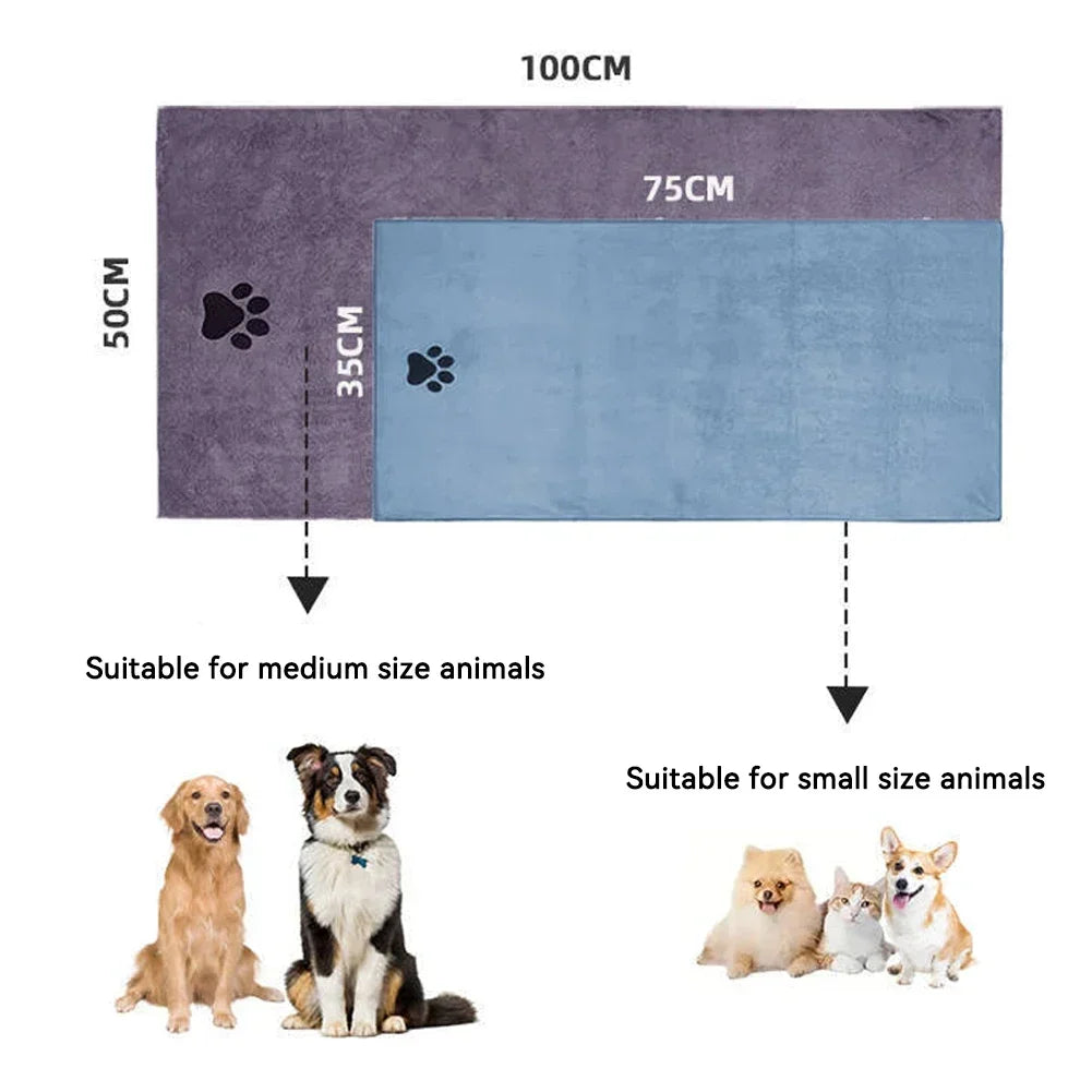 A rectangular pet bath towel in purple and blue colors shown next to various sized animals.