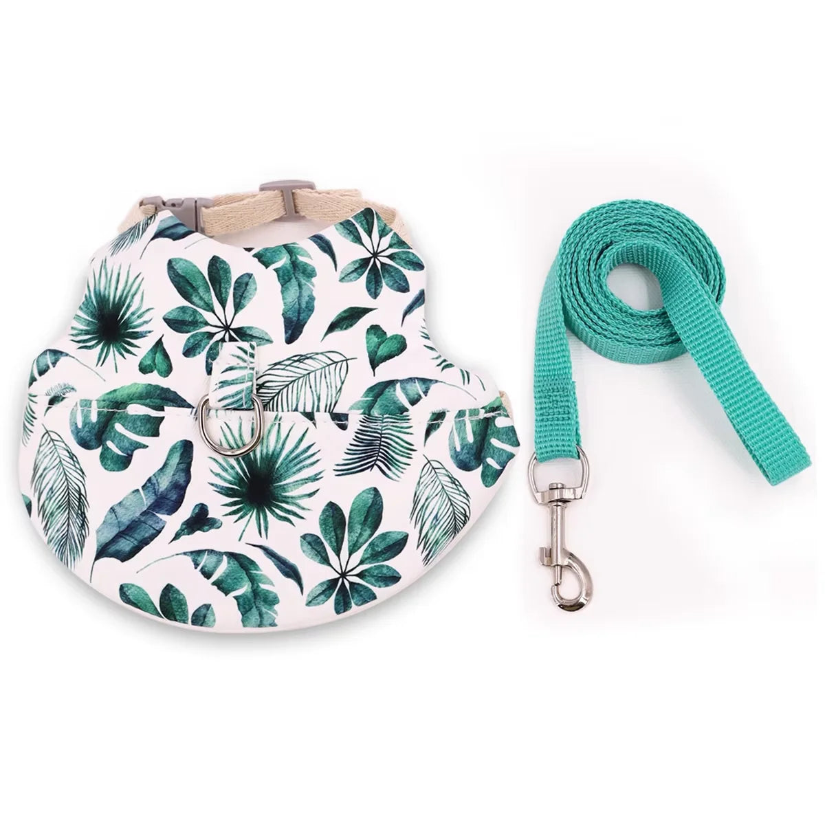 A light green and white printed rabbit harness vest with a matching adjustable leash.