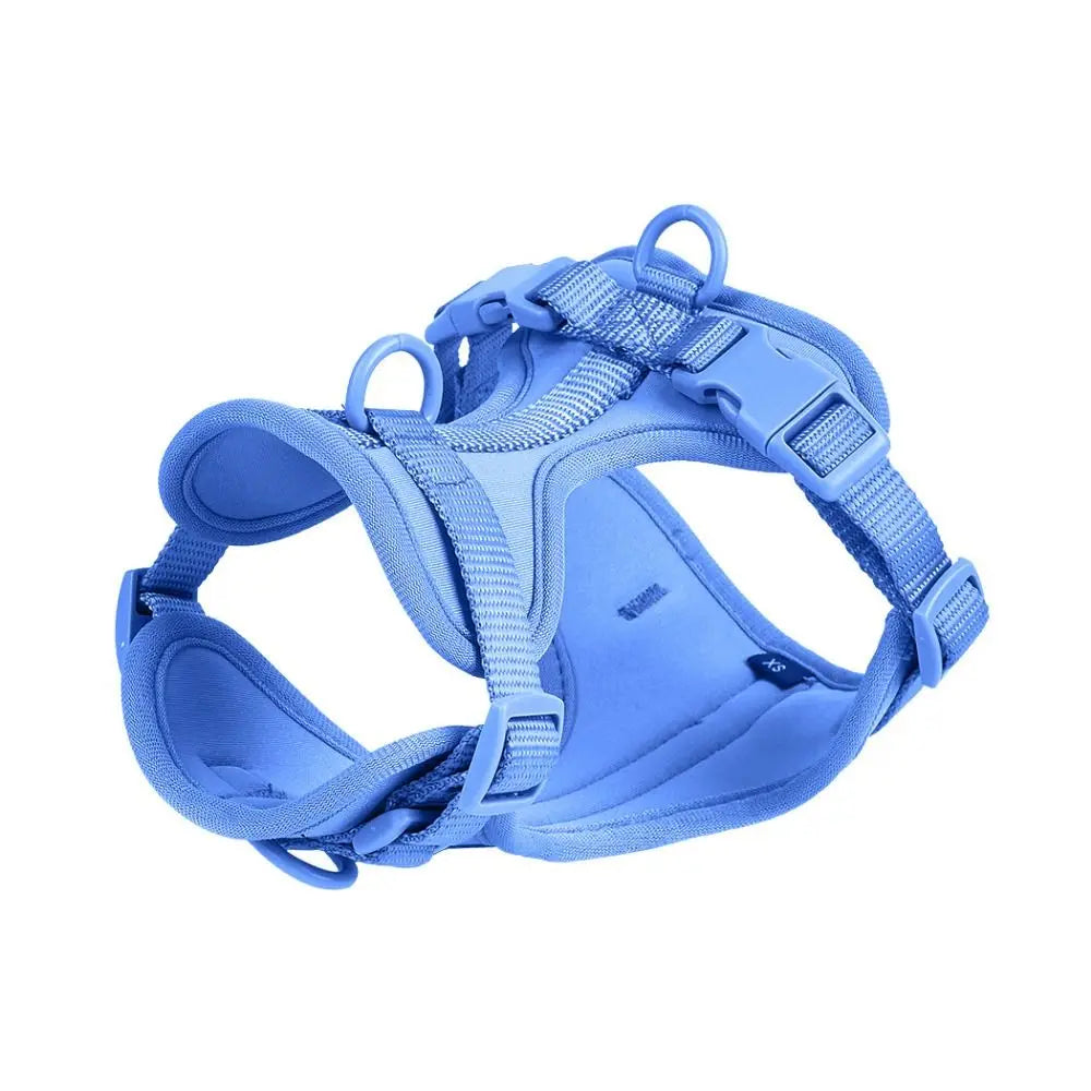 Blue reflective dog harness vest for dogs, adjustable and anti-breakaway.