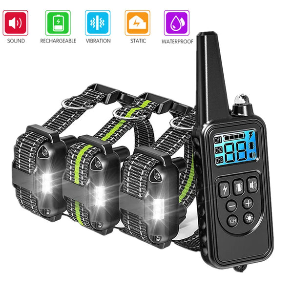 Black waterproof remote dog training collar with rechargeable transmitter and vibration features