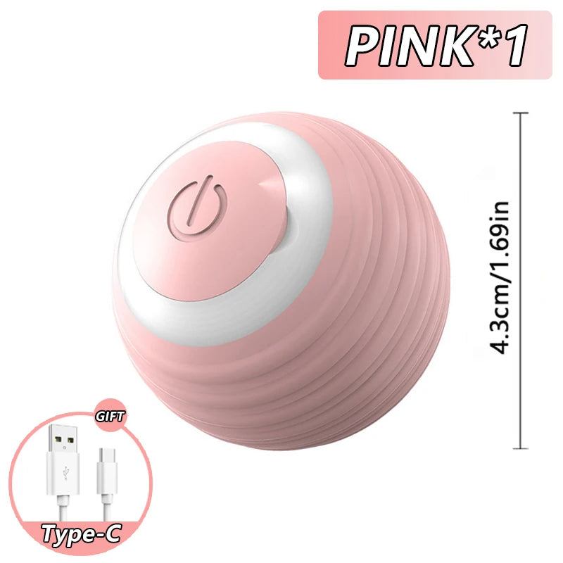 Pinkes, smartes interaktives Katzenspielzeugball mit Type-C-Ladekabel auf weißem Hintergrund.