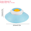 A light blue silicone licking mat with an orange center and white rim, measuring 14.5 cm by 5.5 cm.