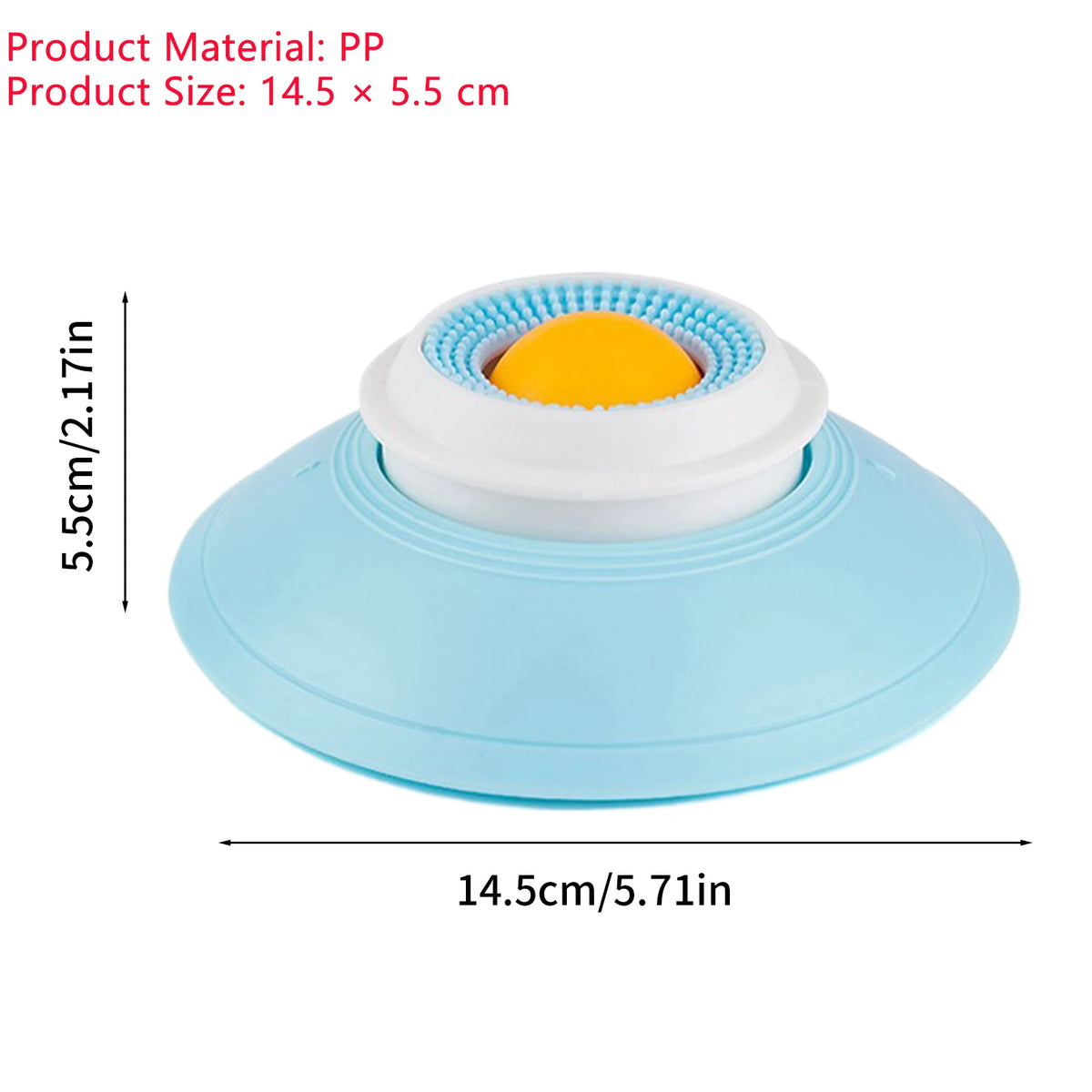 A light blue silicone licking mat with an orange center and white rim, measuring 14.5 cm by 5.5 cm.