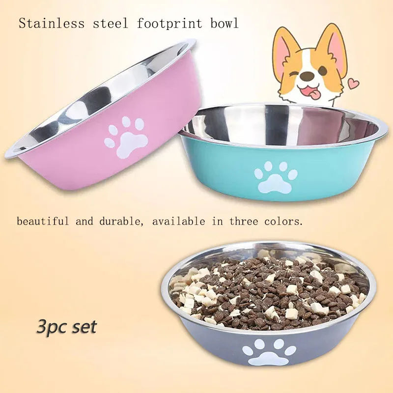 A 3 piece set of stainless steel pet bowls in pink, teal, and gray with paw print designs.