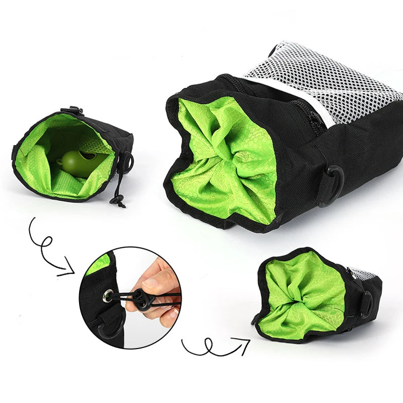 Black pet training treat bags with bright lime green fabric and mesh lining shown in various angles