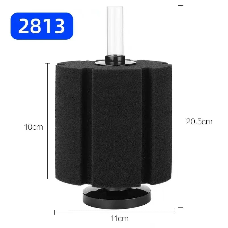 Black aquarium bio sponge filter with an air pump skimmer visible.