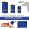 Blue soft fabric dog ear and neck muffs shown with size measurements and a dog wearing one