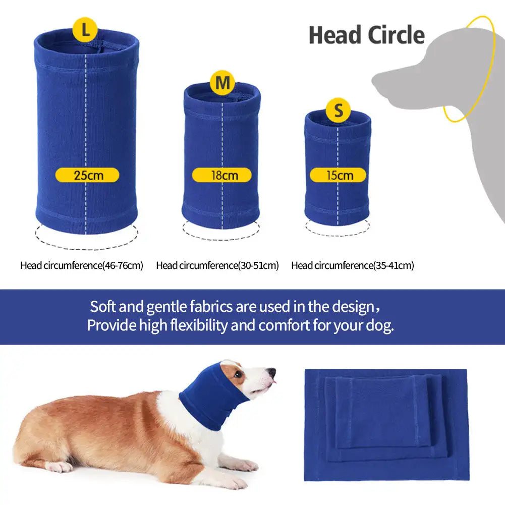 Blue soft fabric dog ear and neck muffs shown with size measurements and a dog wearing one