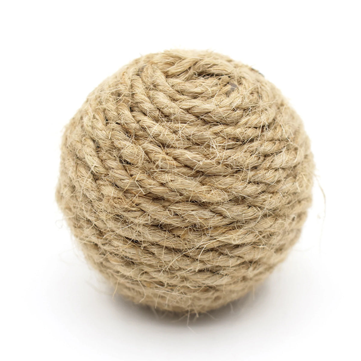 A tightly wound ball of natural beige hemp and sisal fiber rope used for crafting or toys.