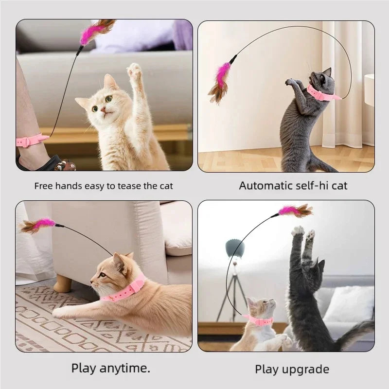 A set of interactive cat toys featuring a flexible pole with a feather attachment used for self-hugging play.