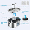 Stainless steel cat water fountain featuring a drinking basin, pump holder, and water storage basin.