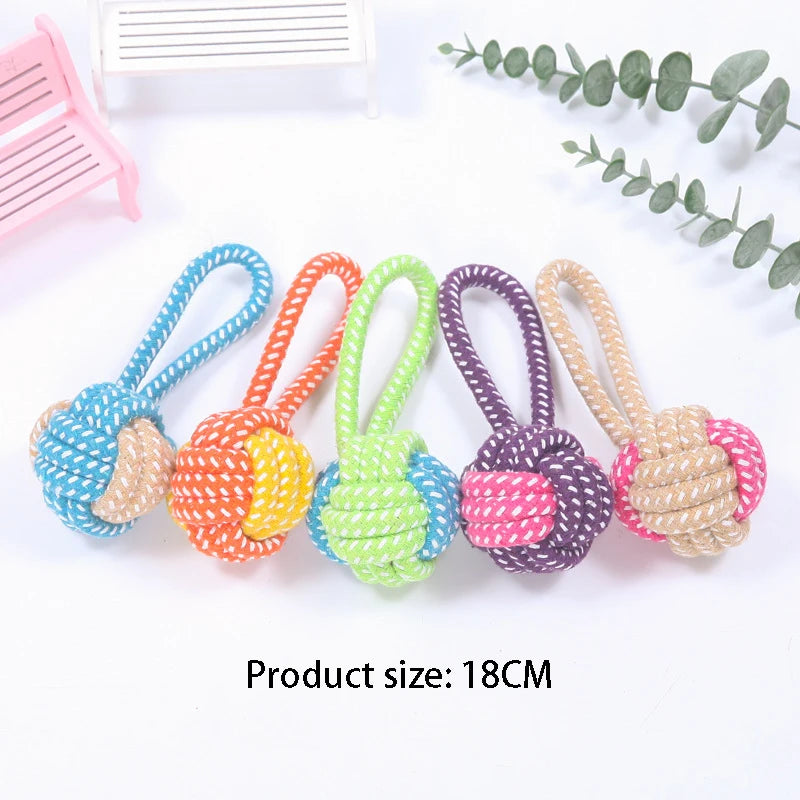 A collection of colorful hemp rope chew toys for dogs, featuring various colors and textures.