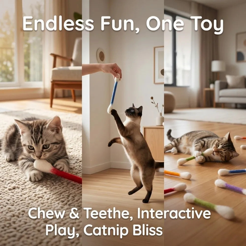 A cat is playing with an oversized cotton swab toy on a wooden floor.