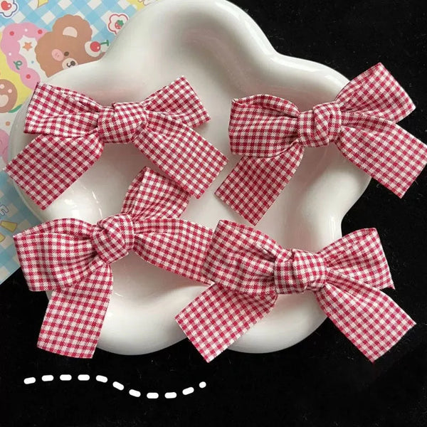 Red Plaid Fabric Bow Hair Clips for Girls