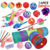A set of interactive cat play toys including a collapsible tunnel, feather teaser wand, and crinkle balls.