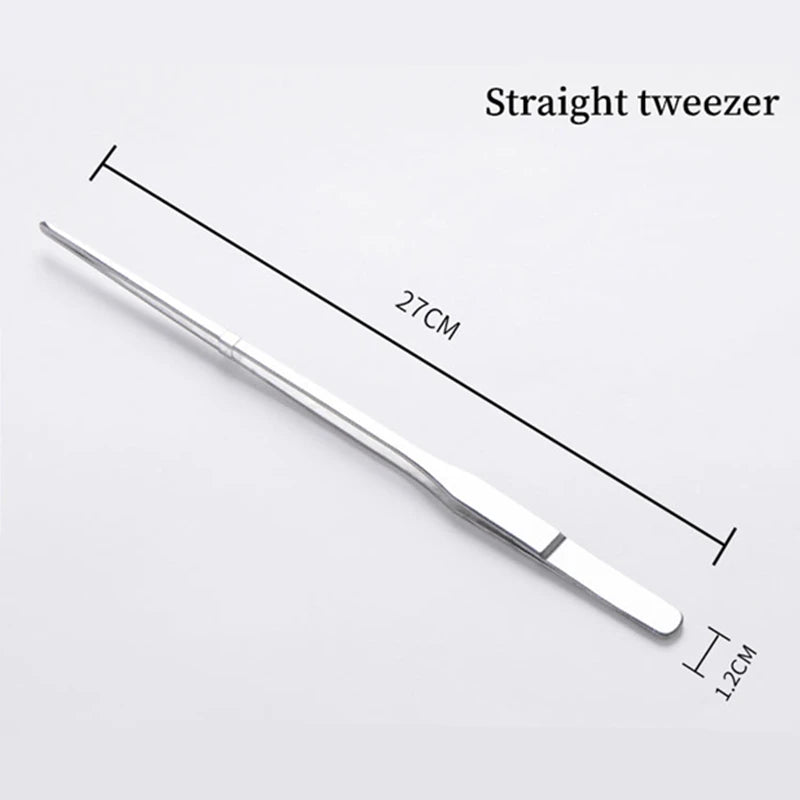 A straight stainless steel tweezer with a 27cm length and a 1.2cm tip.