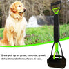 A black and lime green foldable pet poop scooper is shown next to a golden retriever in a grassy outdoor setting.