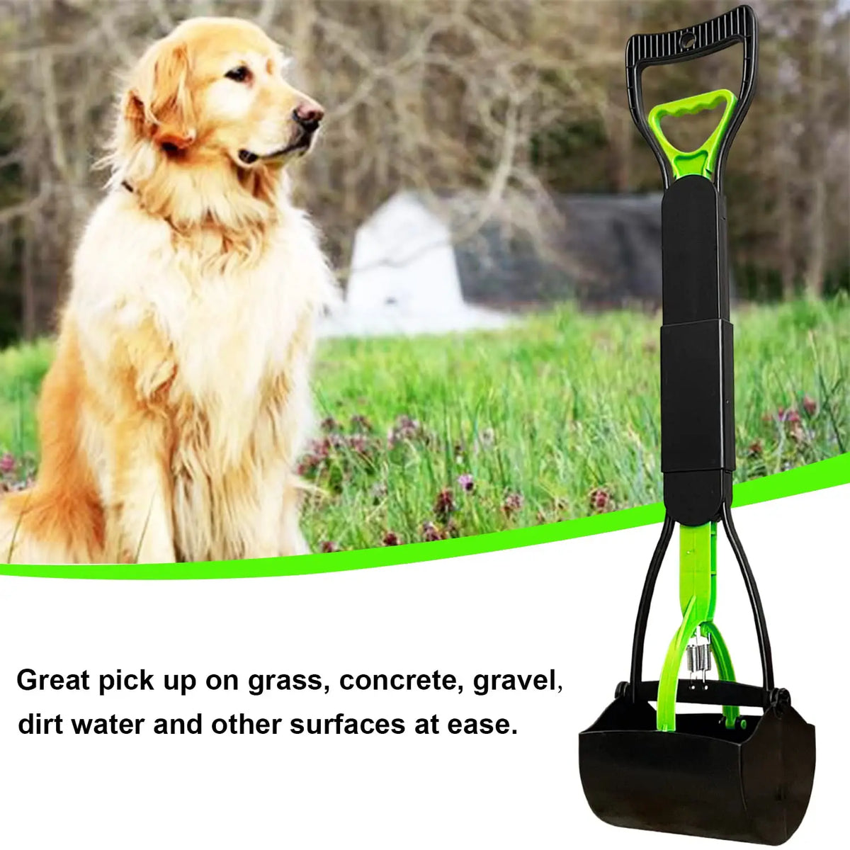 A black and lime green foldable pet poop scooper is shown next to a golden retriever in a grassy outdoor setting.