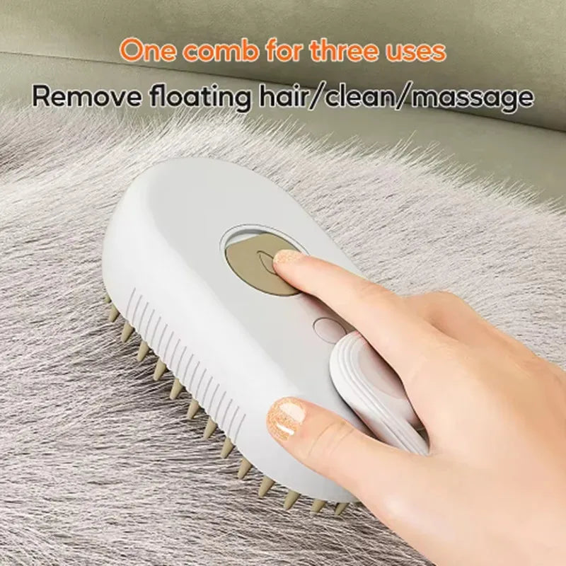 A hand is using a white pet grooming comb and massage brush on a gray surface.