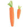 An orange carrot plush toy with green leafy tops, designed as a teething toy.