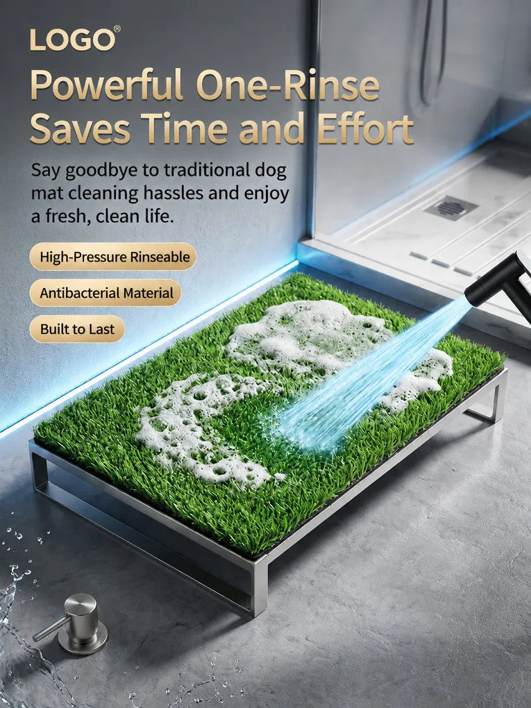 A green artificial grass toilet training mat is being rinsed with a high-pressure stream of water.